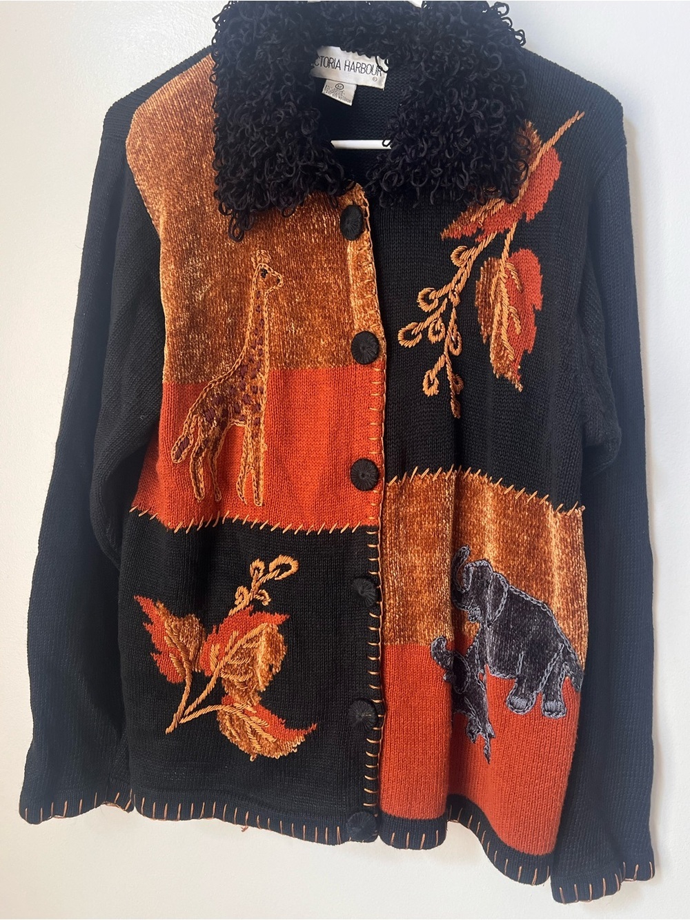 Vintage Victoria Harbour Safari Patchwork Cardigan Sweater Poodle Collar Medium